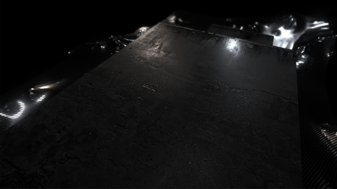 Abstract dark textured surface with reflective wet highlights, black and grey tones, moody digital render